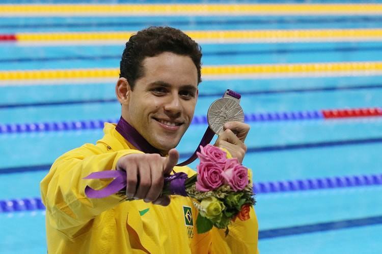 Thiago Pereira medalhista de prata na prova dos 400 medley durante as competições de Natação nos Jogos de Londres em 28 de Julho de 2012 em Londres, Inglaterra. (Foto: Valterci Santos/AGIF/COB)