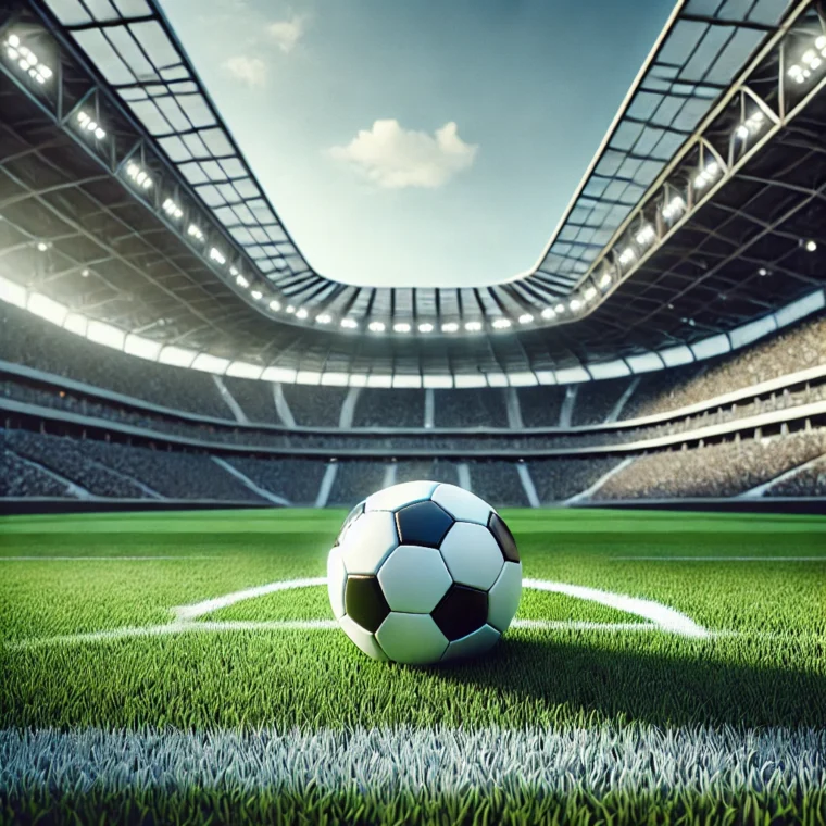 Bola de futebol em um estádio.